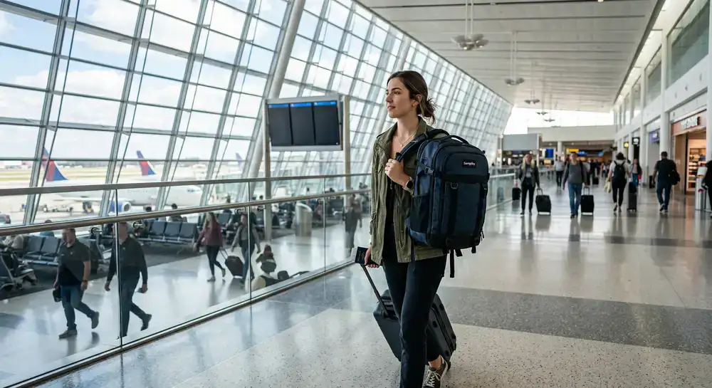 Reiziger met Zomplity rugzak in een moderne luchthaven