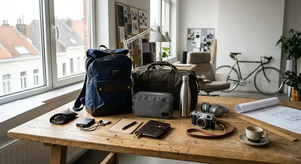 Zomplity reisaccessoires op een ontwerptafel in Antwerpen