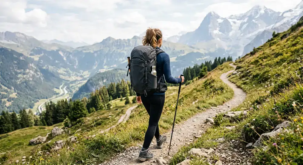 Ergonomische reisrugzak tijdens een wandeling