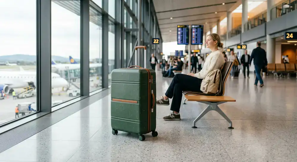 Duurzame koffer in luchthaventerminal