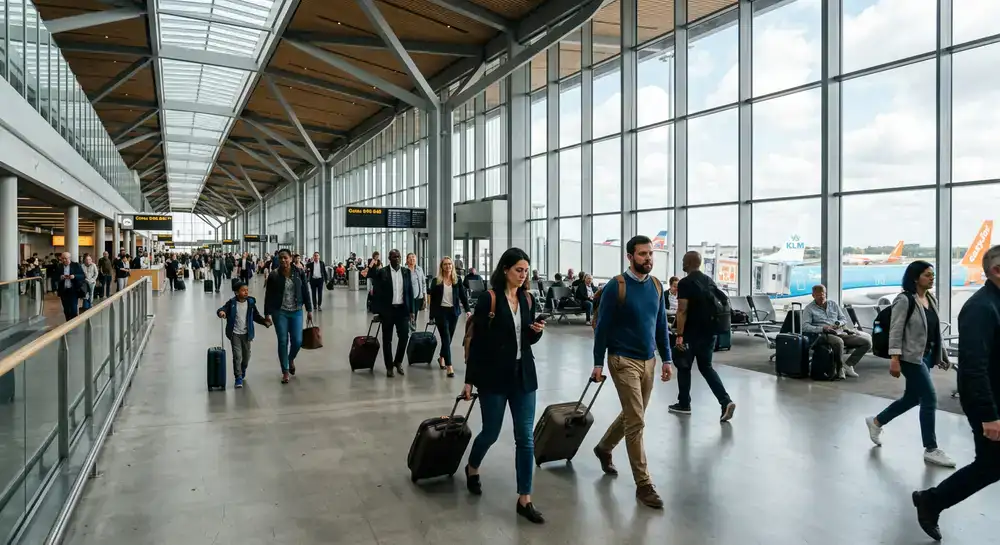 Reizigers op een vliegveld
