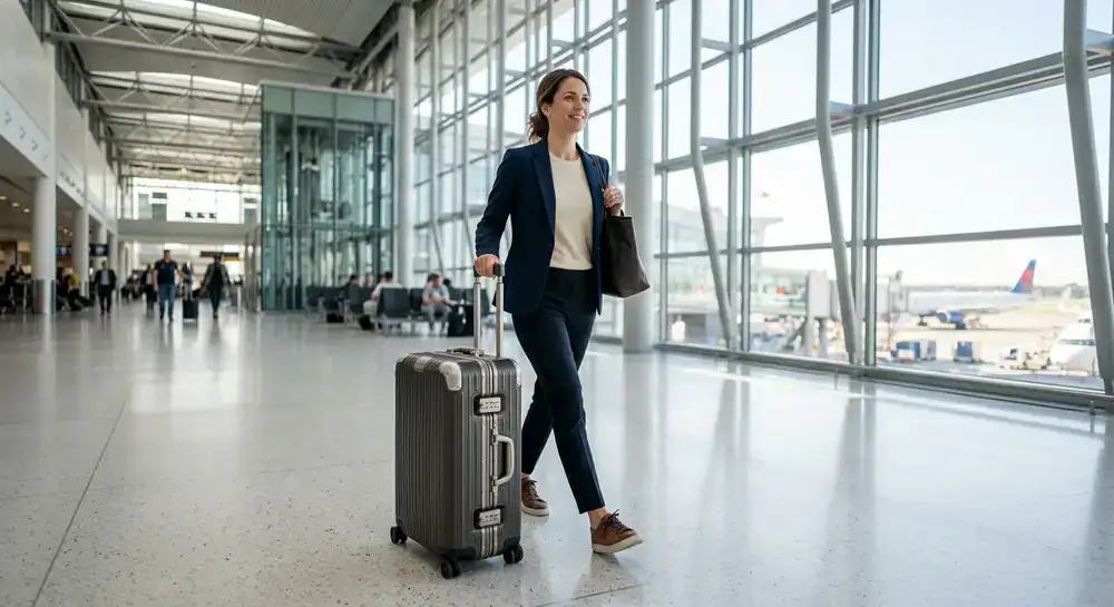 Reiziger met stevige koffer op de luchthaven