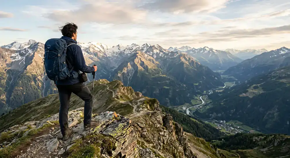 Reiziger die uitkijkt over een landschap met een rugzak